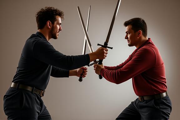 Actores practicando una coreografía de lucha con espadas de atrezo de forma segura.