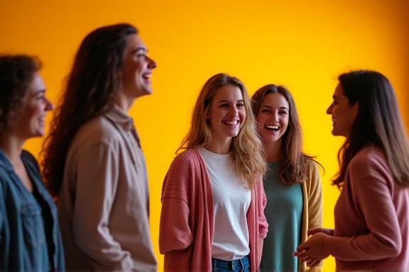Grupo de actores riendo y colaborando durante un juego de improvisación teatral.