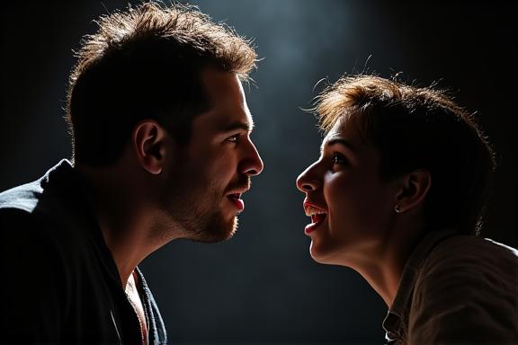 Dos actores realizando una intensa escena dramática bajo luces de escenario.