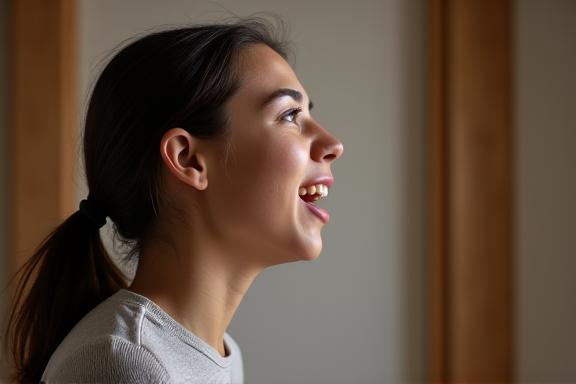Estudiante realizando ejercicios de proyección de voz, con énfasis en la resonancia y la dicción.